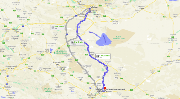 What is the distance between Tehran and Isfahan?